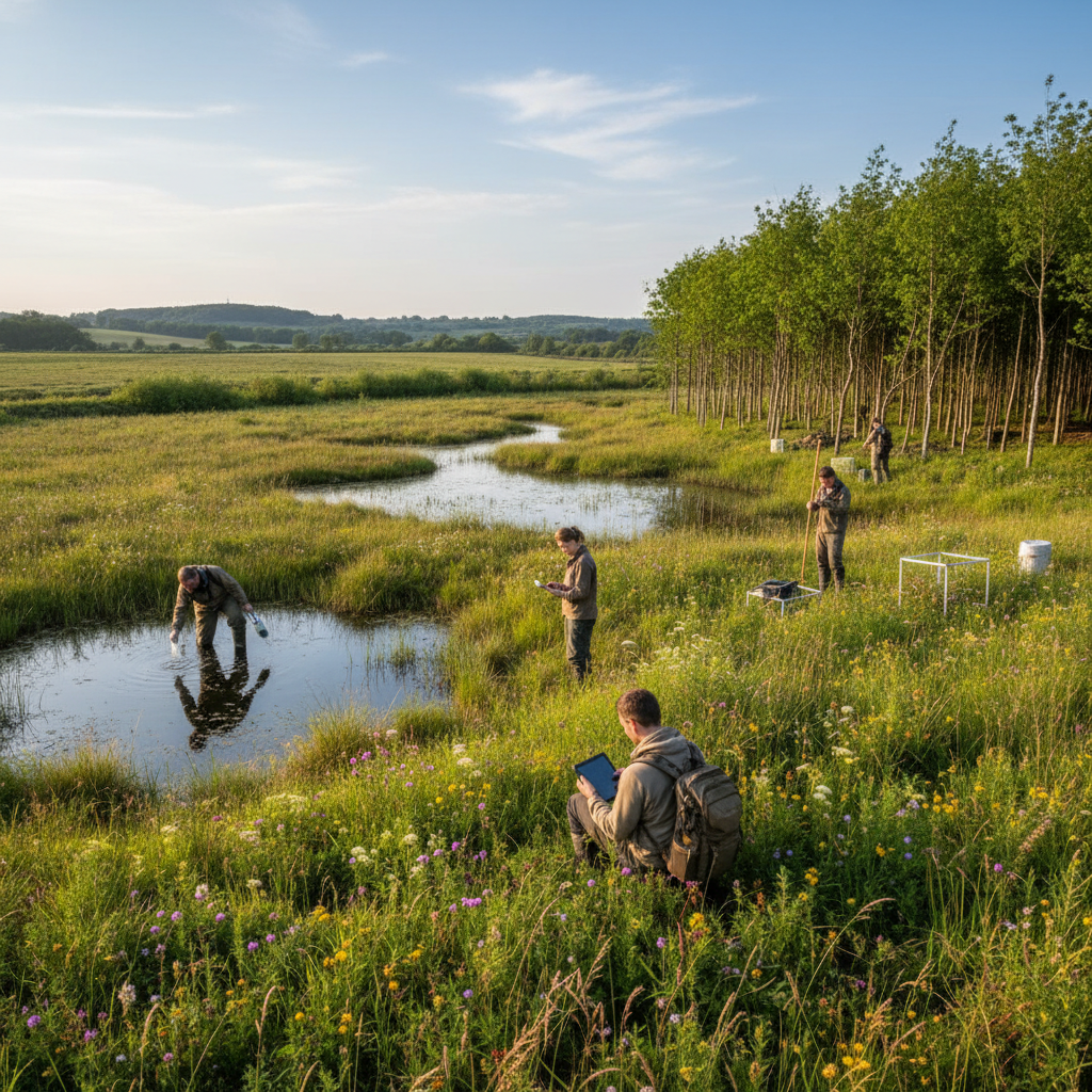 UAP-Visual eines Rewilding-Labors mit Wiesen Feuchtgebiet und Feldforschung